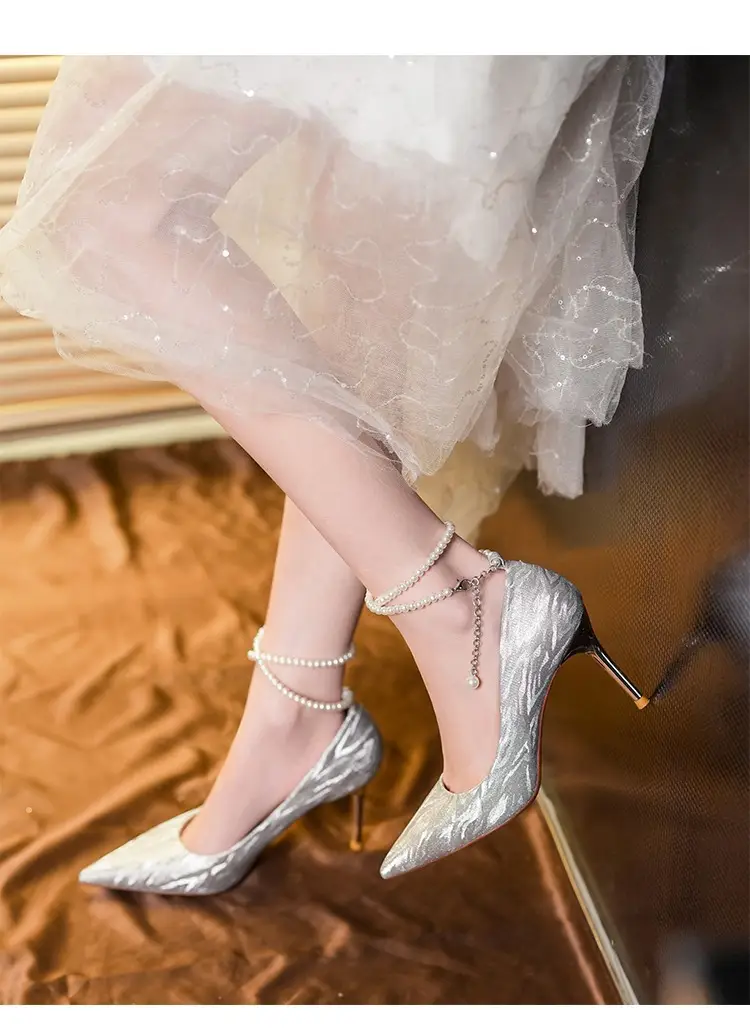 Silver High Heels for Women 2025 New Style Pointed Toe Stiletto Heels Pearl Shallow Mouth One-Word Straps High-End Wedding Shoes Flats for Women — feature 3