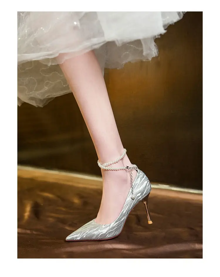 Silver High Heels for Women 2025 New Style Pointed Toe Stiletto Heels Pearl Shallow Mouth One-Word Straps High-End Wedding Shoes Flats for Women — feature 4