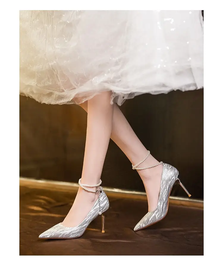 Silver High Heels for Women 2025 New Style Pointed Toe Stiletto Heels Pearl Shallow Mouth One-Word Straps High-End Wedding Shoes Flats for Women — feature 6