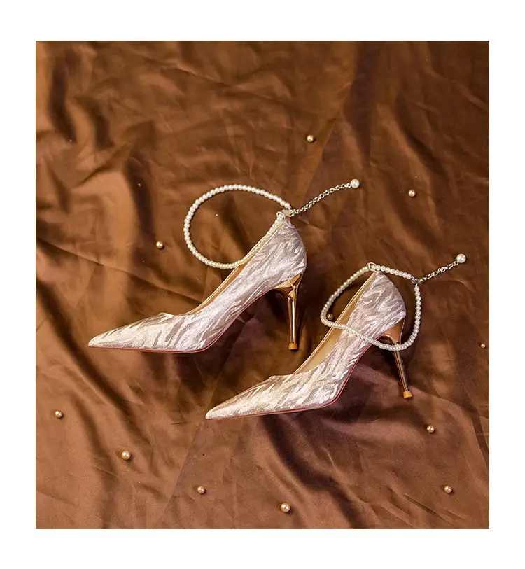 Silver High Heels for Women 2025 New Style Pointed Toe Stiletto Heels Pearl Shallow Mouth One-Word Straps High-End Wedding Shoes Flats for Women — feature 8