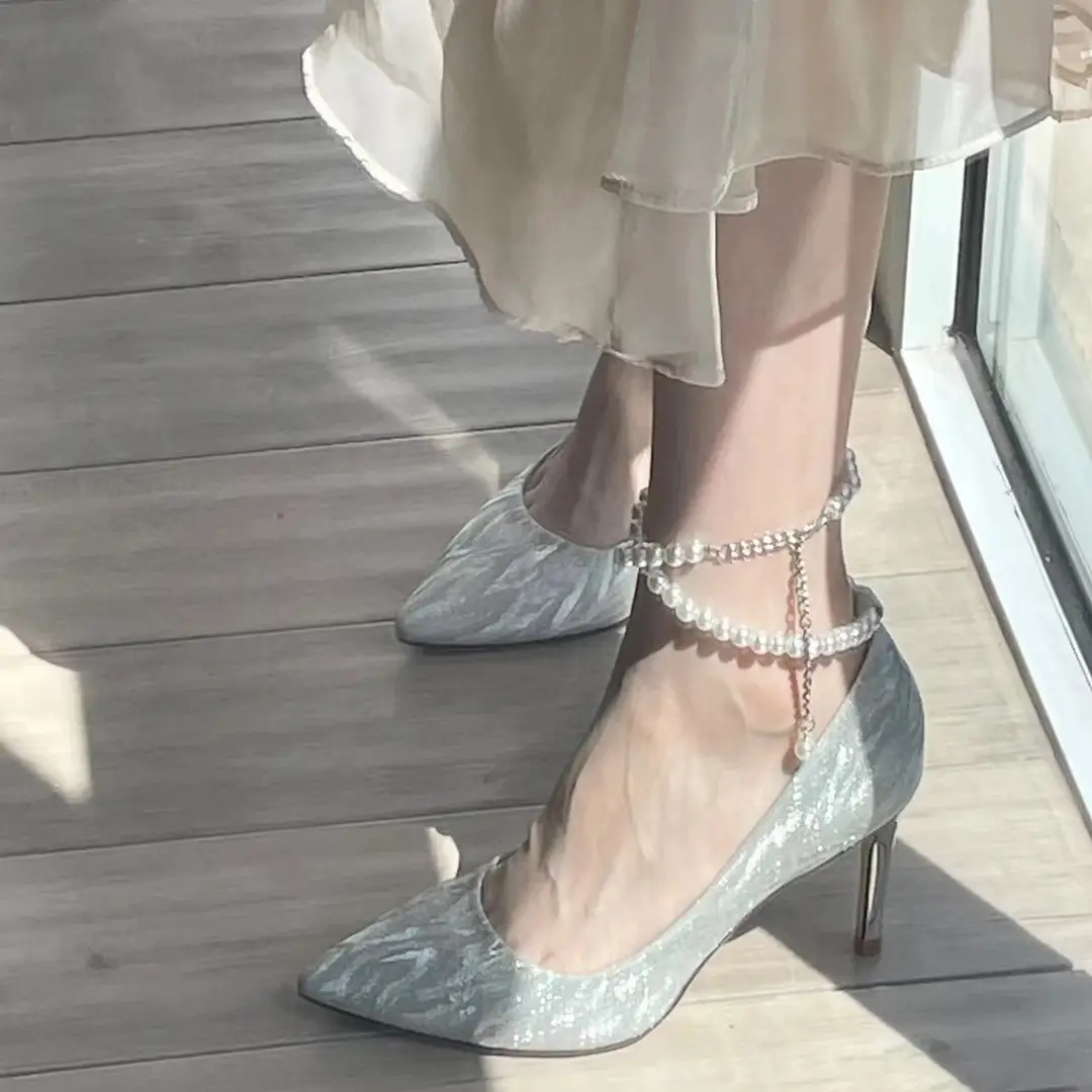 Silver High Heels for Women 2025 New Style Pointed Toe Stiletto Heels Pearl Shallow Mouth One-Word Straps High-End Wedding Shoes Flats for Women