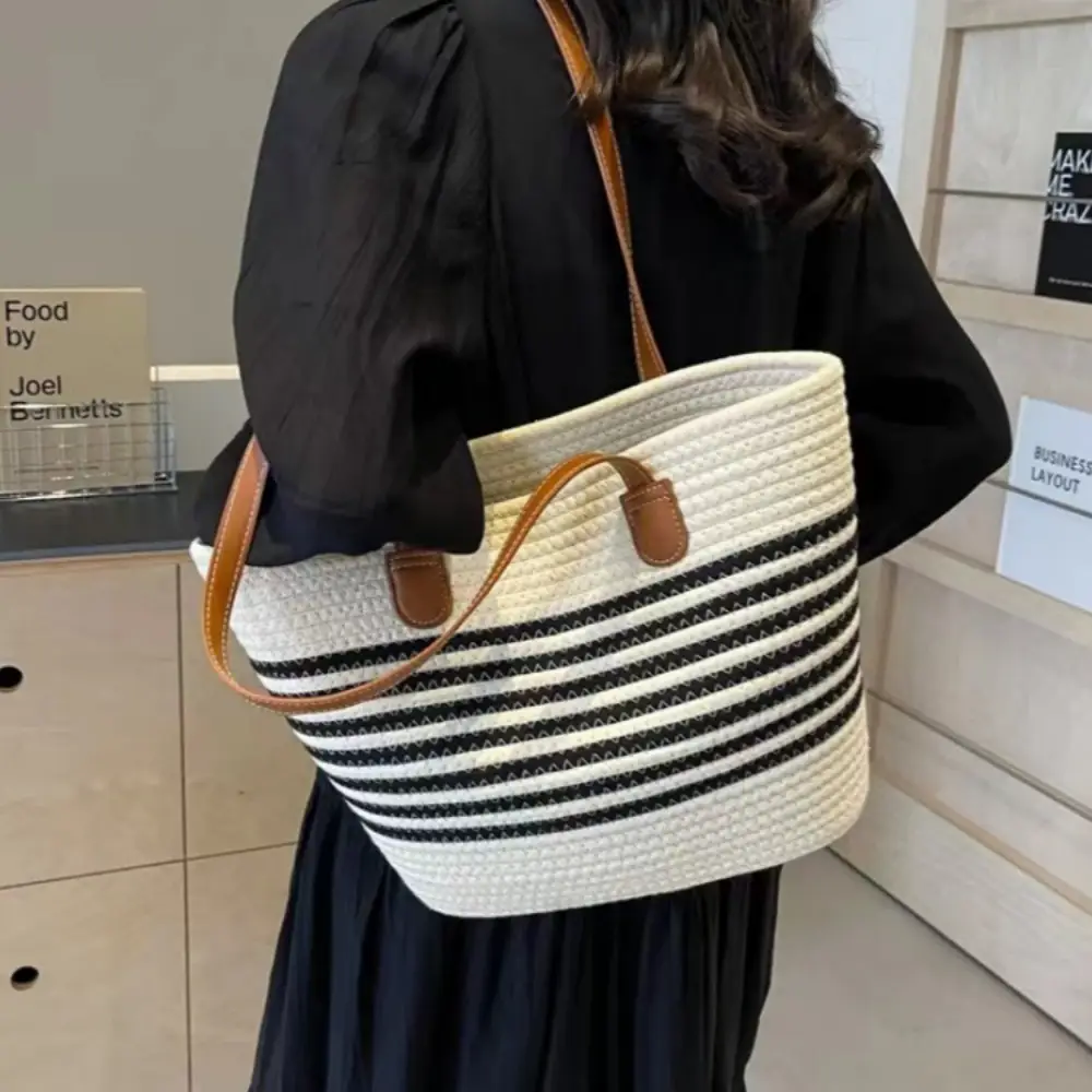 Straw Tote Bag Striped White Black Women - Image 11