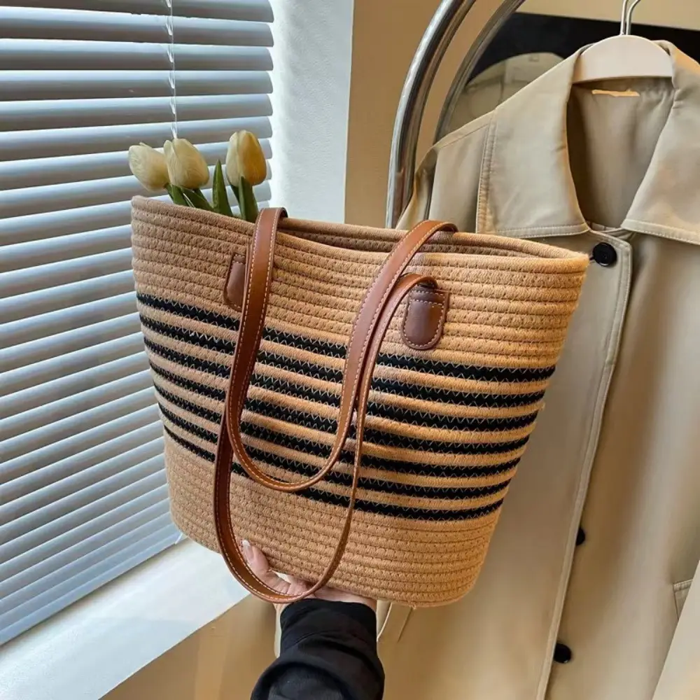 Straw Tote Bag Striped White Black Women - Image 12