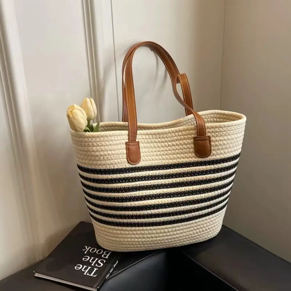 Straw Tote Bag Striped White Black Women - Image 13