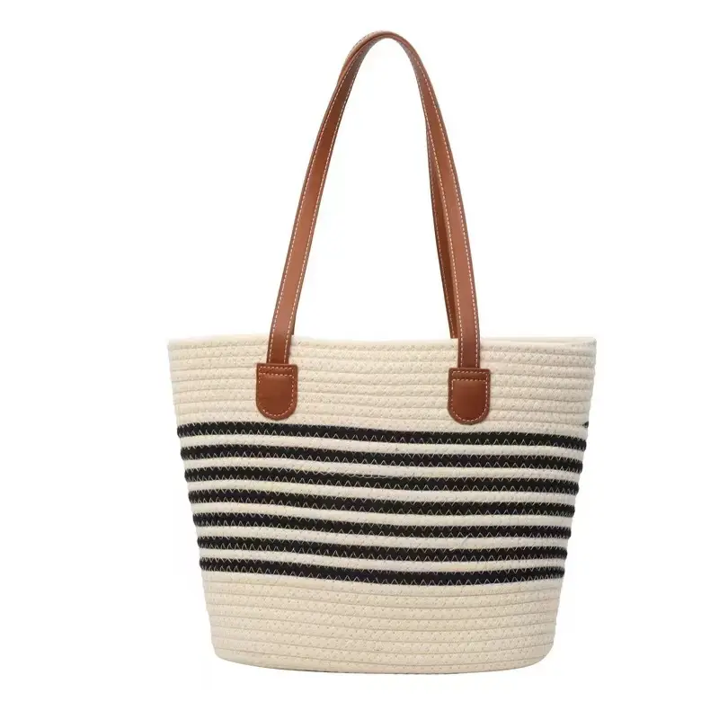 Straw Tote Bag Striped White Black Women - Image 14