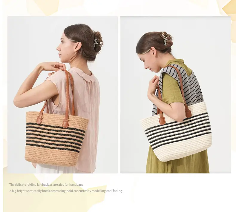 Straw Tote Bag Striped White Black Women — feature 9