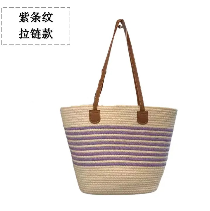 Straw Tote Bag Striped White Black Women - Image 3