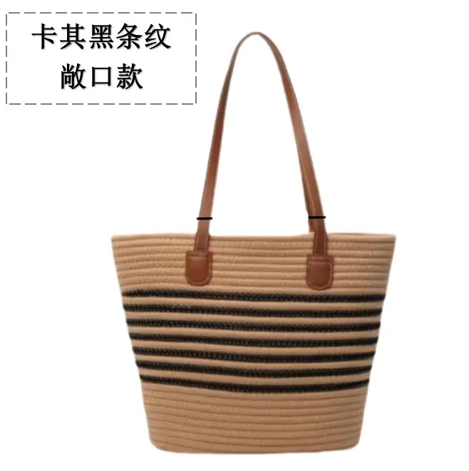 Straw Tote Bag Striped White Black Women - Image 6