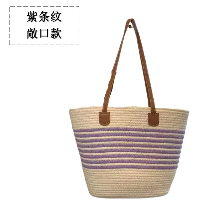 Straw Tote Bag Striped White Black Women - Image 7