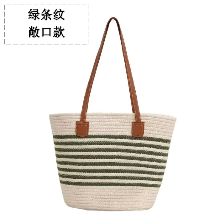 Straw Tote Bag Striped White Black Women - Image 8