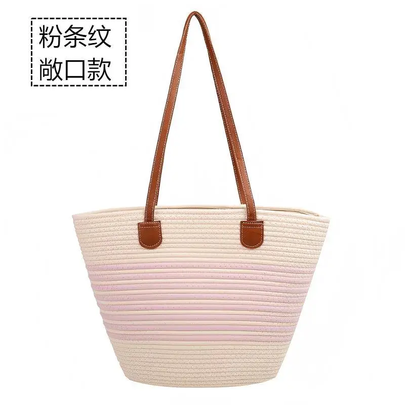 Straw Tote Bag Striped White Black Women - Image 9