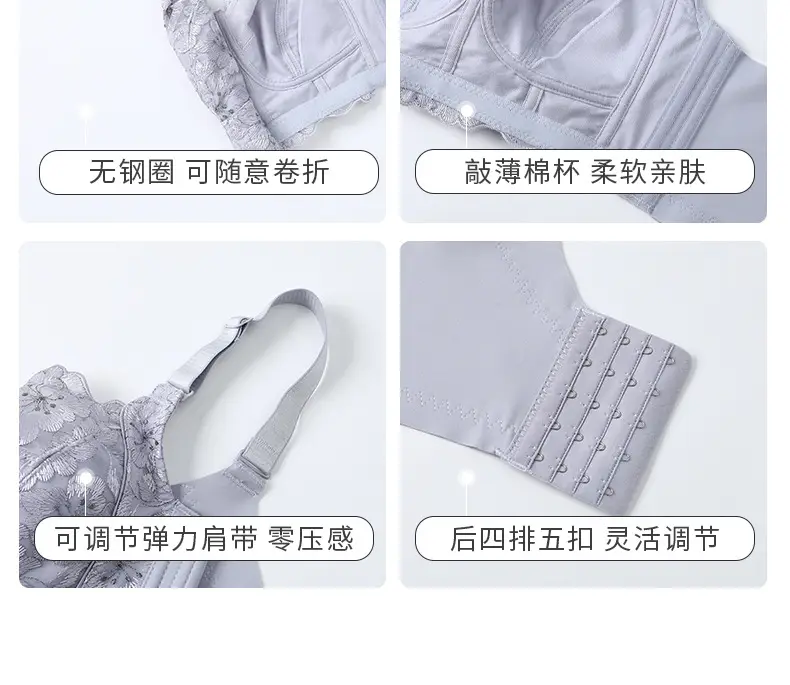 Adjustable plus size Underwear Women's Summer Thin Push-up Lace Bra Anti-sagging Big Chest Small Bra without Rings — feature 21