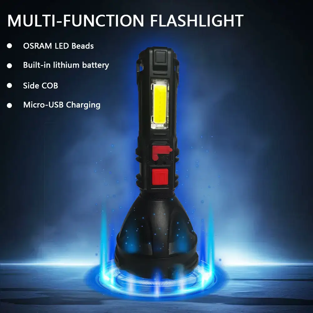 Rechargeable LED Flashlight with COB Side Lamp & USB Port
