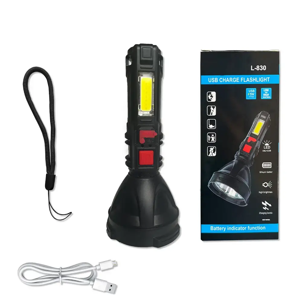 Rechargeable LED Flashlight with COB Side Lamp & USB Port