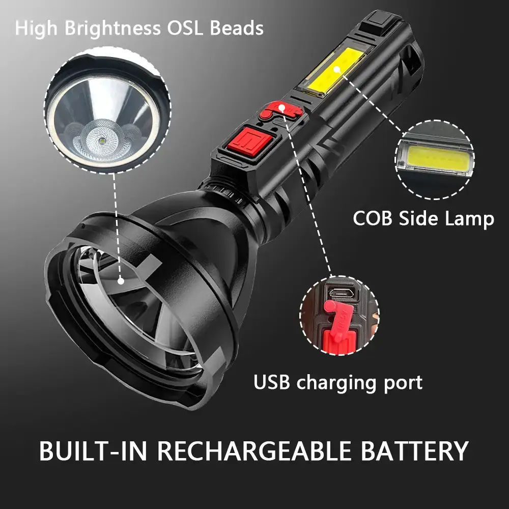 Rechargeable LED Flashlight with COB Side Lamp & USB Port — feature 1