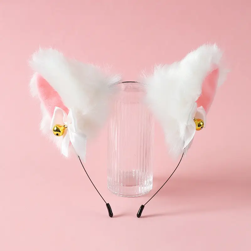 Stuffed Cat Ear Headband with Fox Fur & Bow — feature 1