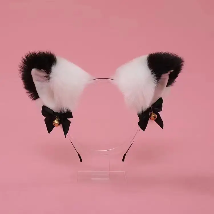 Stuffed Cat Ear Headband with Fox Fur & Bow - Image 10