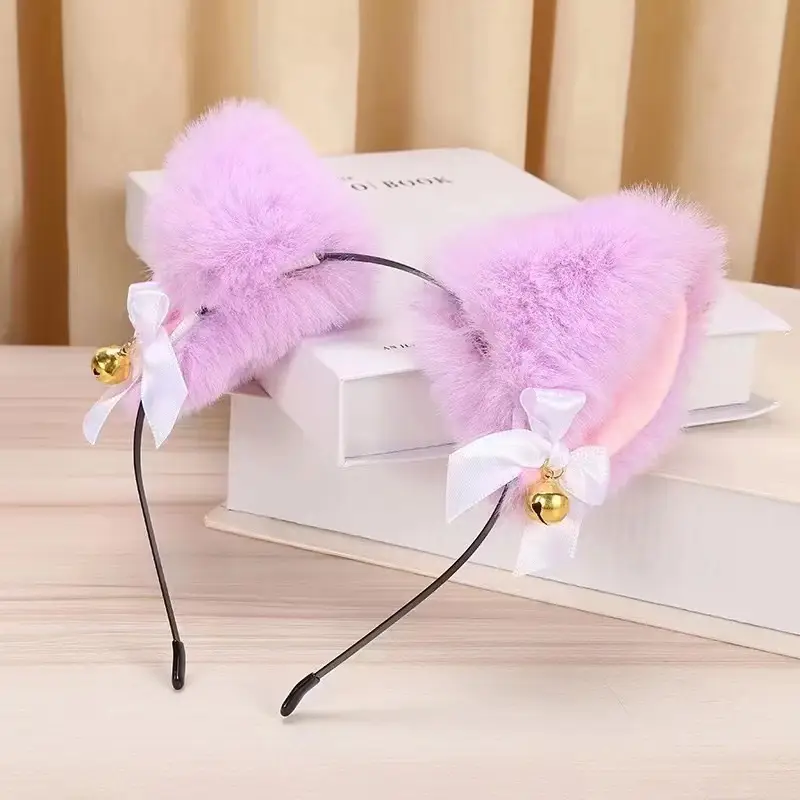Stuffed Cat Ear Headband with Fox Fur & Bow - Image 4