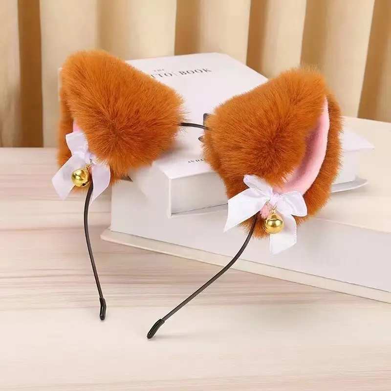 Stuffed Cat Ear Headband with Fox Fur & Bow - Image 5