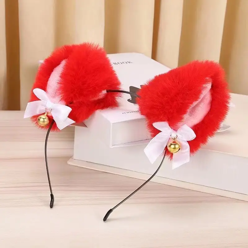 Stuffed Cat Ear Headband with Fox Fur & Bow - Image 7