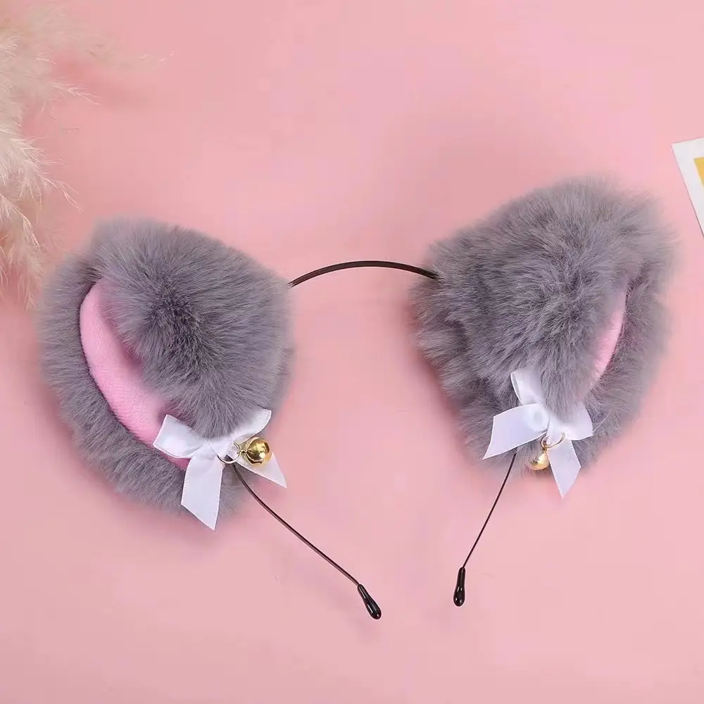 Stuffed Cat Ear Headband with Fox Fur & Bow - Image 8