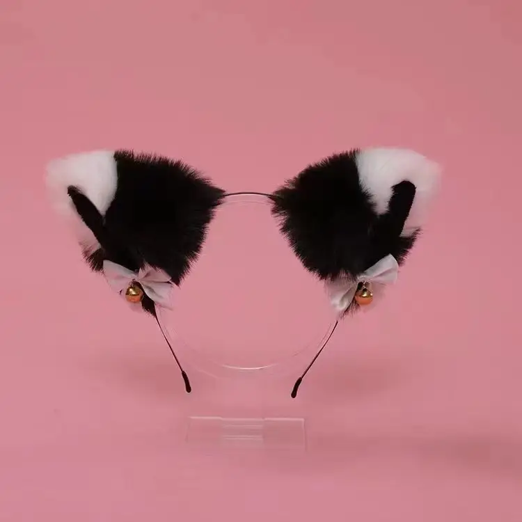 Stuffed Cat Ear Headband with Fox Fur & Bow - Image 9