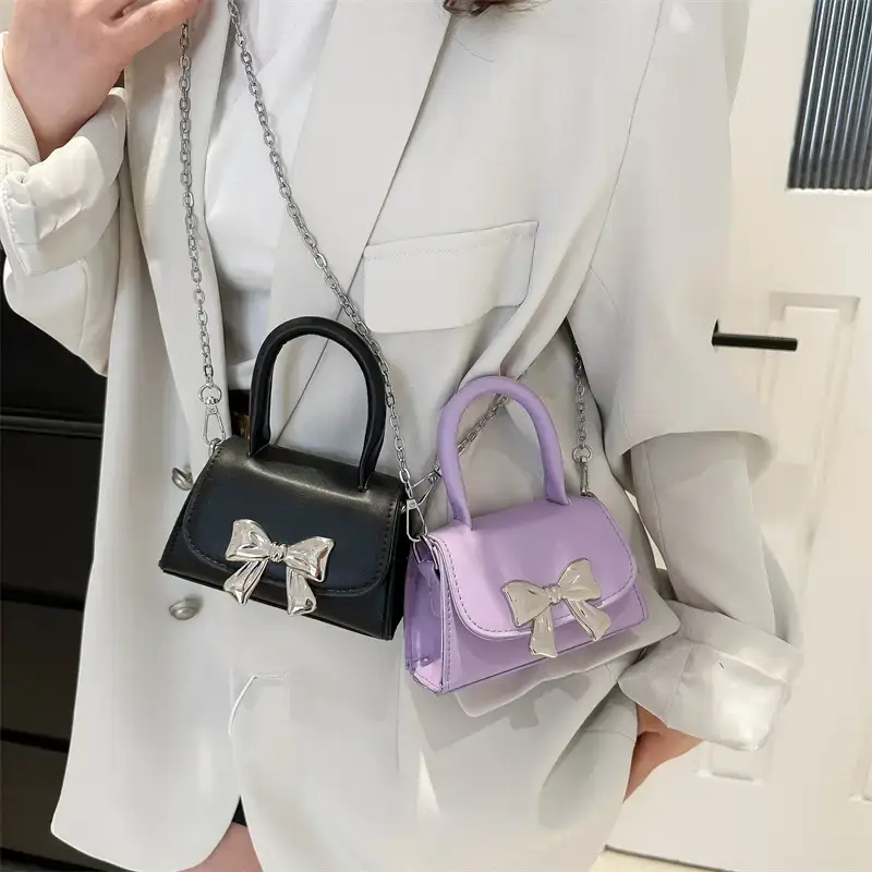 2024 Bow Mini Square Bag Women Black Purple Chain Crossbody - Image 10