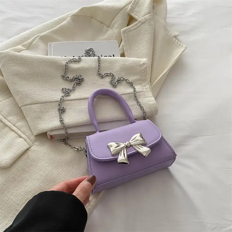 2024 Bow Mini Square Bag Women Black Purple Chain Crossbody - Image 2