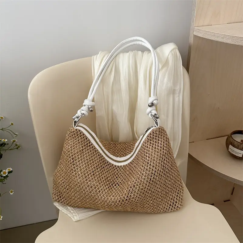 Vintage Straw Handbag with White Knots - Image 5