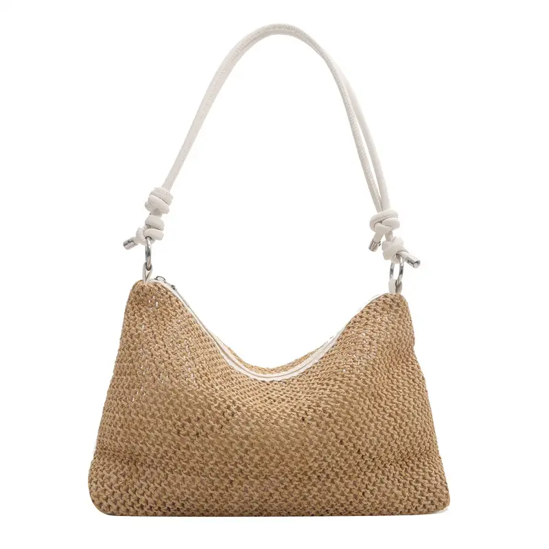 Vintage Straw Handbag with White Knots - Image 9
