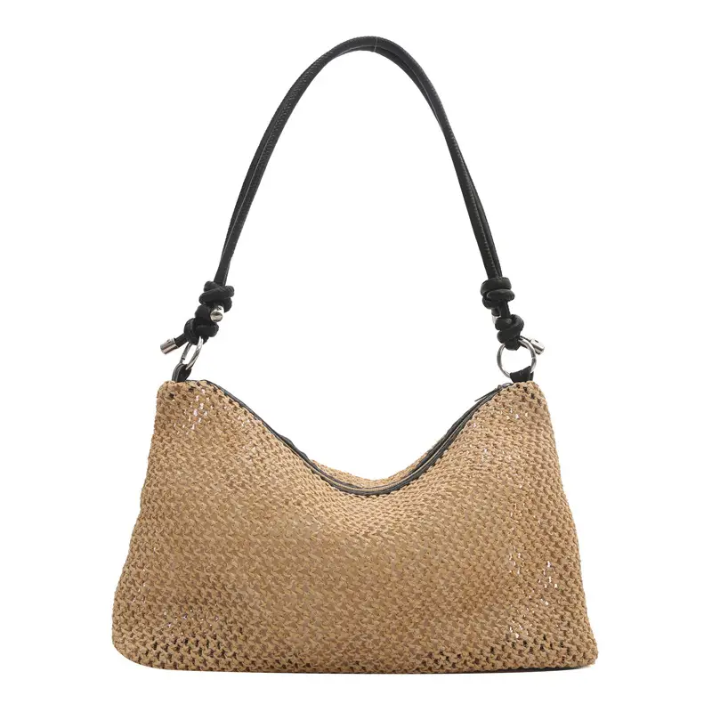 Vintage Straw Handbag with White Knots - Image 2