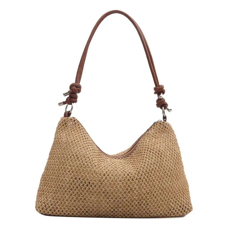 Vintage Straw Handbag with White Knots - Image 3
