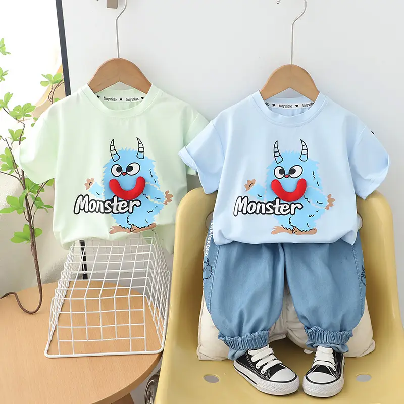 Children's Cartoon T-Shirt Set 2024 Summer Boys Light Blue & Mint - Image 3