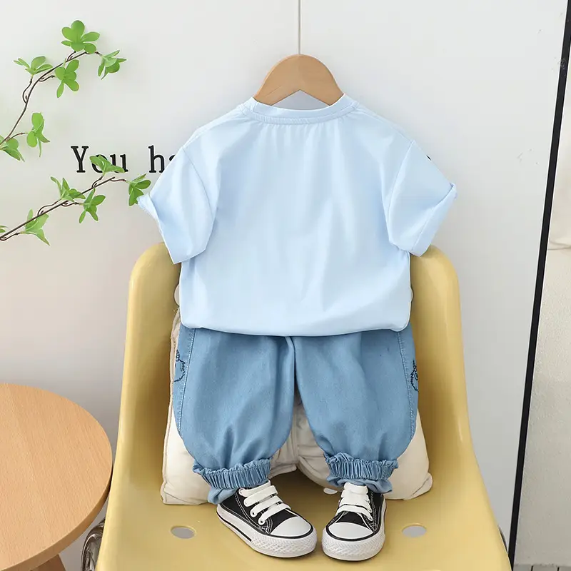 Children's Cartoon T-Shirt Set 2024 Summer Boys Light Blue & Mint - Image 4