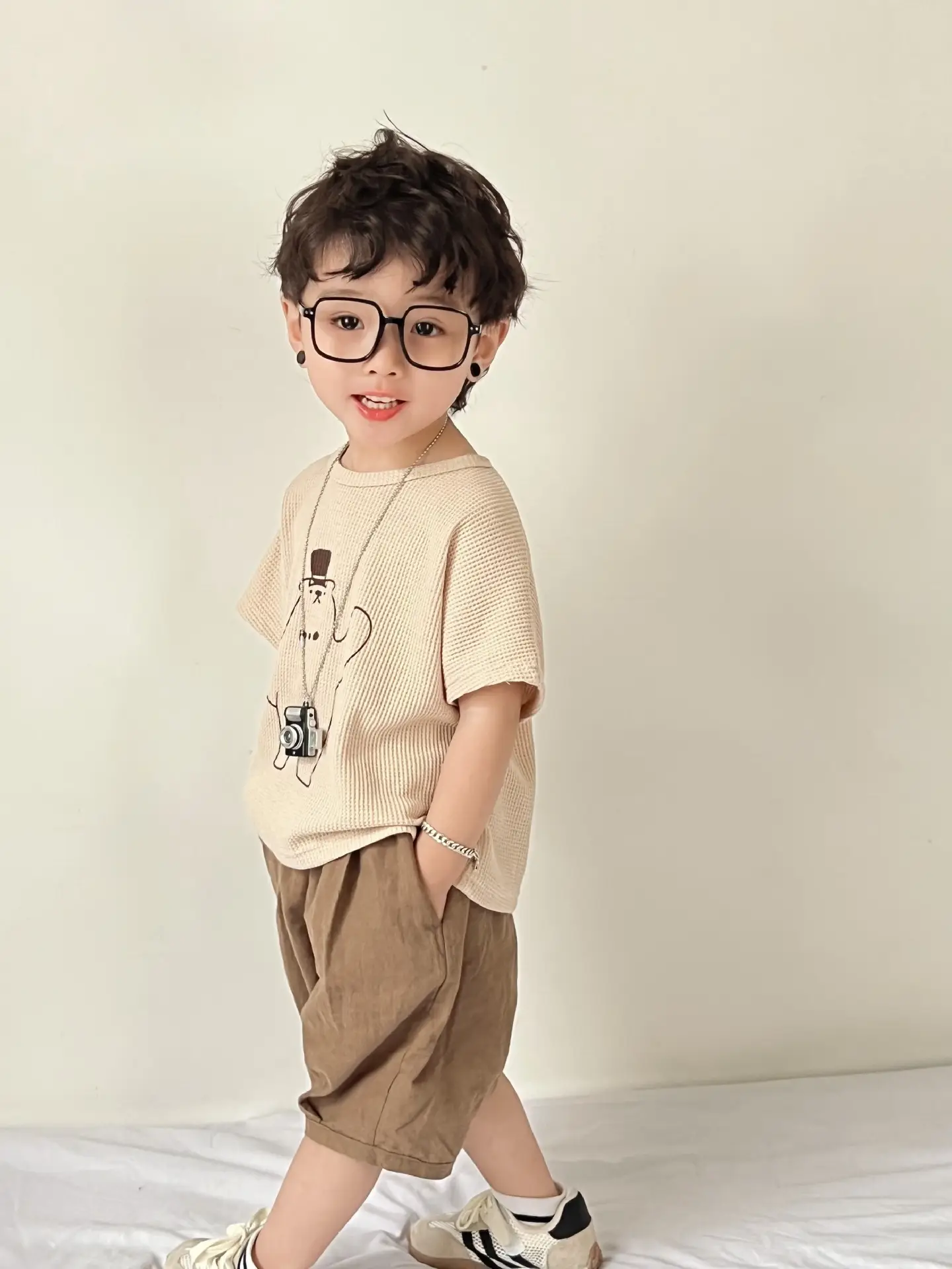 Boys' Korean Print Short Sleeve T-Shirt Beige - Image 5