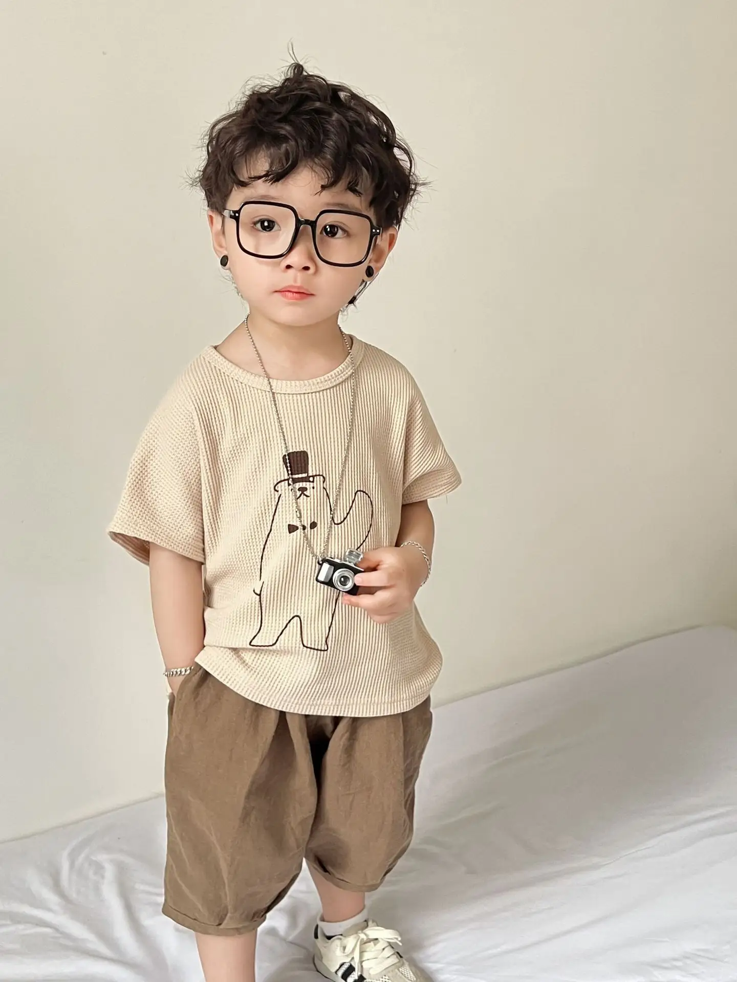 Boys' Korean Print Short Sleeve T-Shirt Beige — feature 5