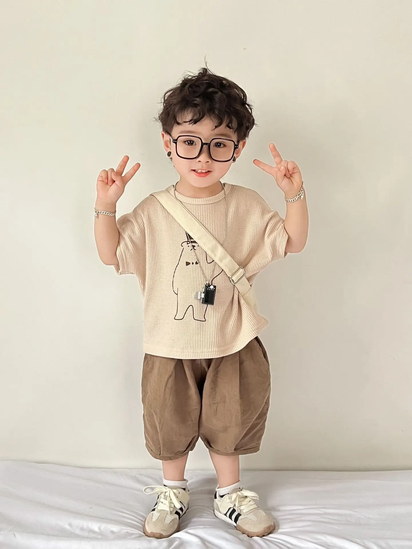 Boys' Korean Print Short Sleeve T-Shirt Beige — feature 7