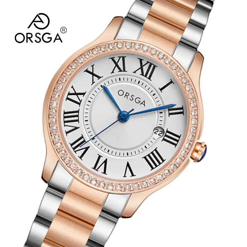 Women's Orange Leather Roman Dial Watch with Crystal Bezel - Image 9