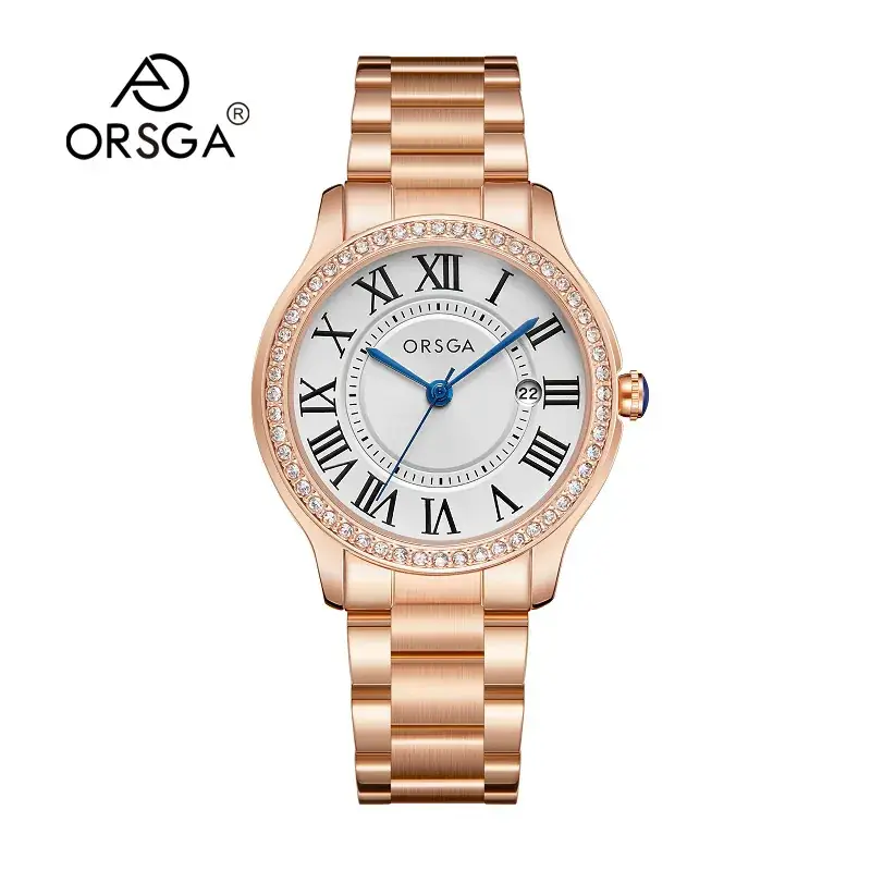 Women's Orange Leather Roman Dial Watch with Crystal Bezel - Image 10