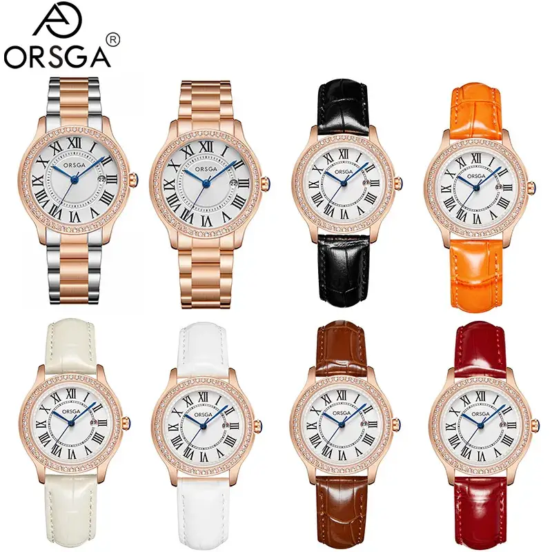 Women's Orange Leather Roman Dial Watch with Crystal Bezel - Image 12