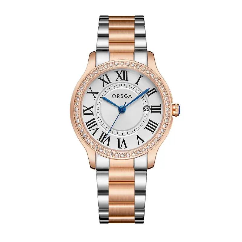 Women's Orange Leather Roman Dial Watch with Crystal Bezel - Image 13