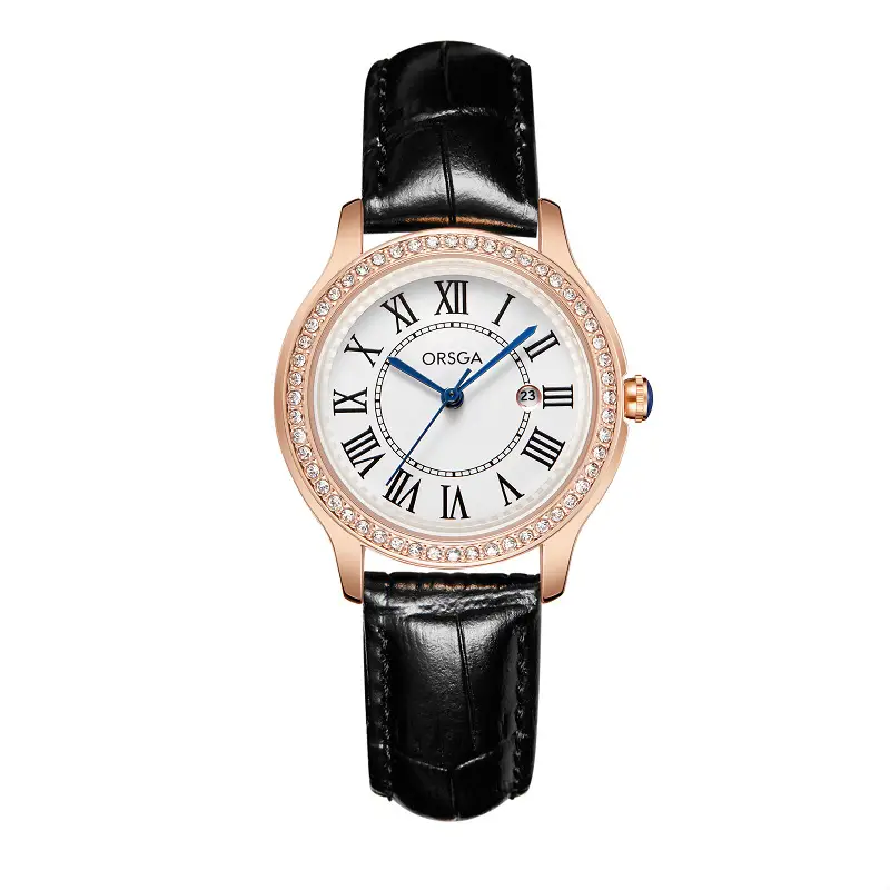 Women's Orange Leather Roman Dial Watch with Crystal Bezel — feature 10
