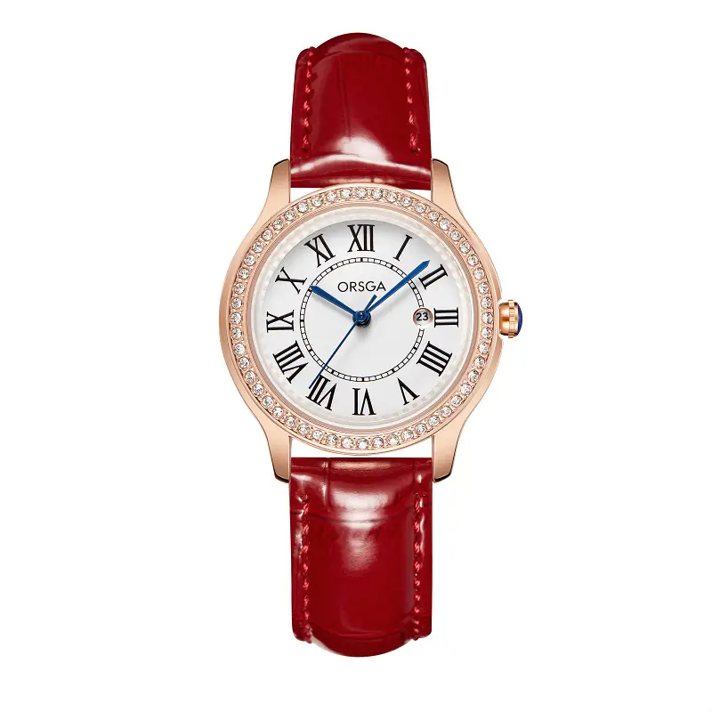 Women's Orange Leather Roman Dial Watch with Crystal Bezel — feature 11