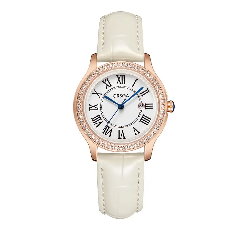 Women's Orange Leather Roman Dial Watch with Crystal Bezel — feature 12
