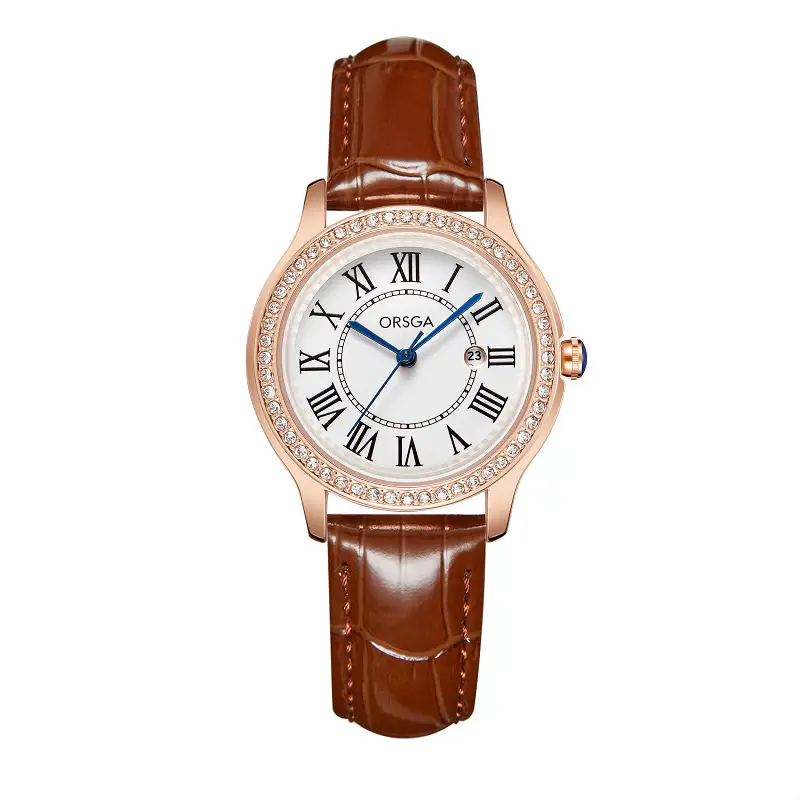 Women's Orange Leather Roman Dial Watch with Crystal Bezel — feature 13