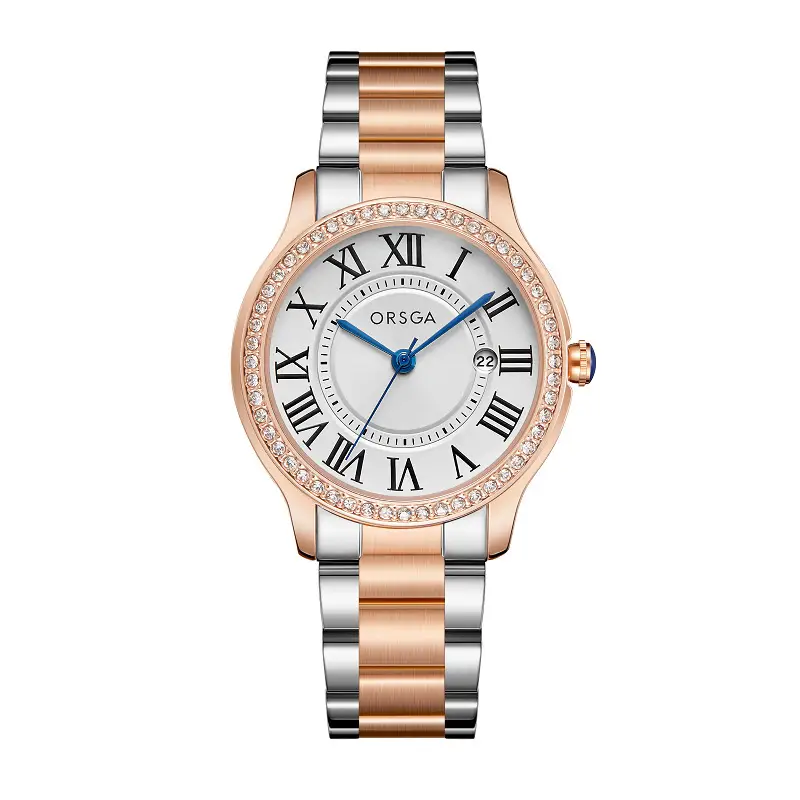 Women's Orange Leather Roman Dial Watch with Crystal Bezel — feature 6