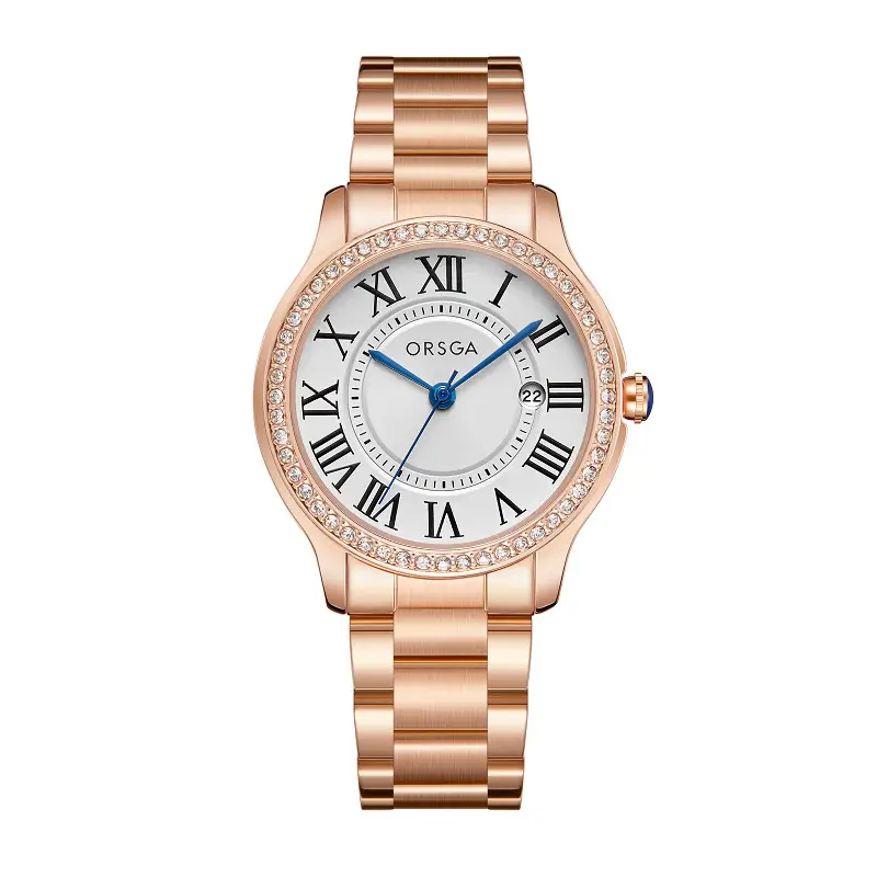 Women's Orange Leather Roman Dial Watch with Crystal Bezel — feature 7