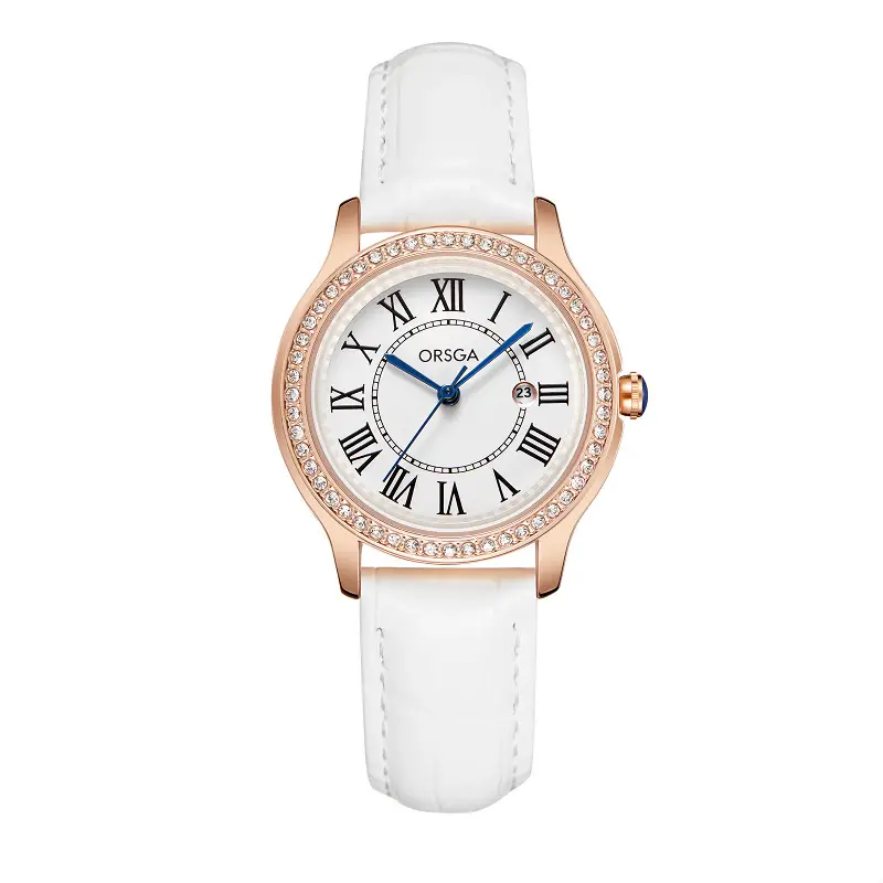 Women's Orange Leather Roman Dial Watch with Crystal Bezel — feature 8