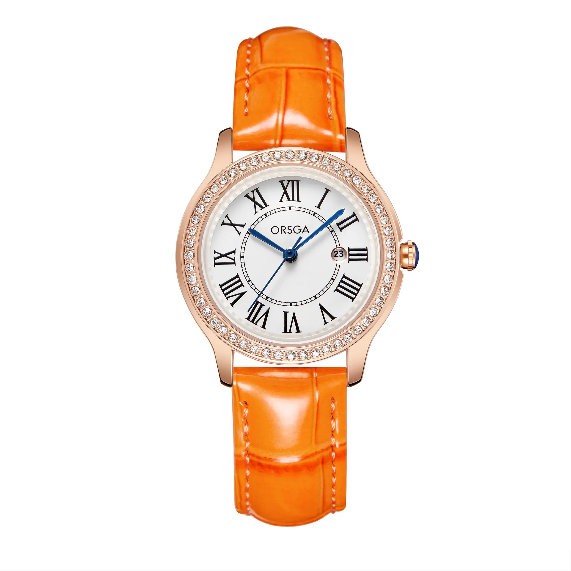 Women's Orange Leather Roman Dial Watch with Crystal Bezel — feature 9