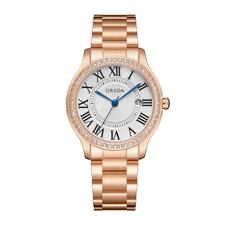 Women's Orange Leather Roman Dial Watch with Crystal Bezel - Image 2